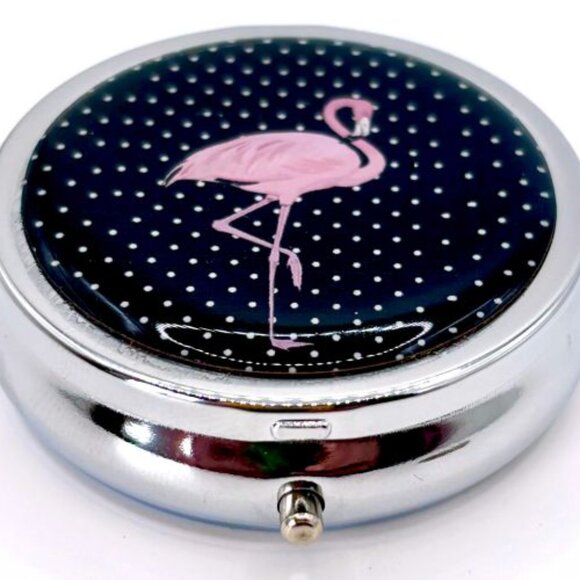 Pink Flamingo Polka Dots 3 Compartment Purse Travel Pill Box Holder Container - Picture 2 of 3